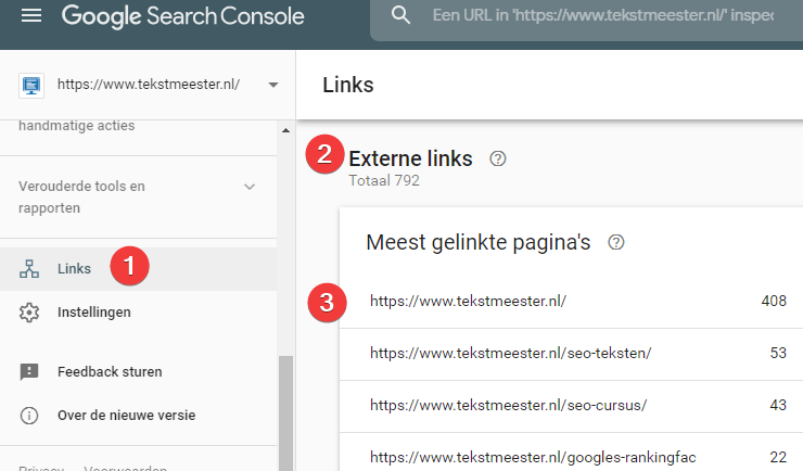 Search Console overzicht van externe links.